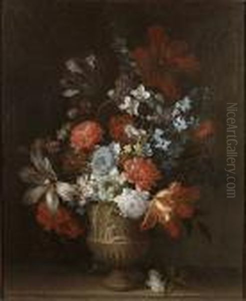 Tulips, Carnations, Narcissi And Other Flowers In A Stone Urn On A Ledge Oil Painting by Jean-Baptiste Monnoyer