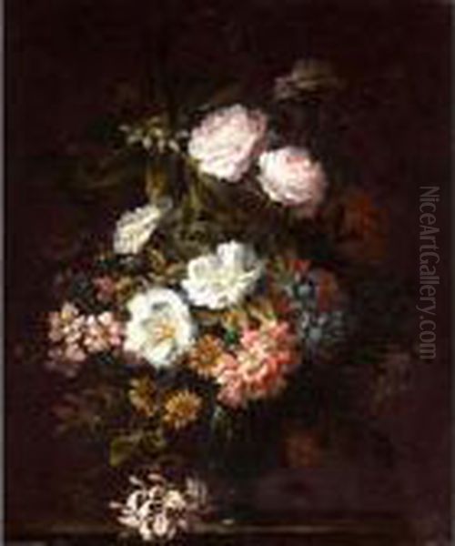 Carnations, Roses And Peonies With Other Flowers In A Glass Set On On A Stone Ledge. Oil Painting by Jean-Baptiste Monnoyer