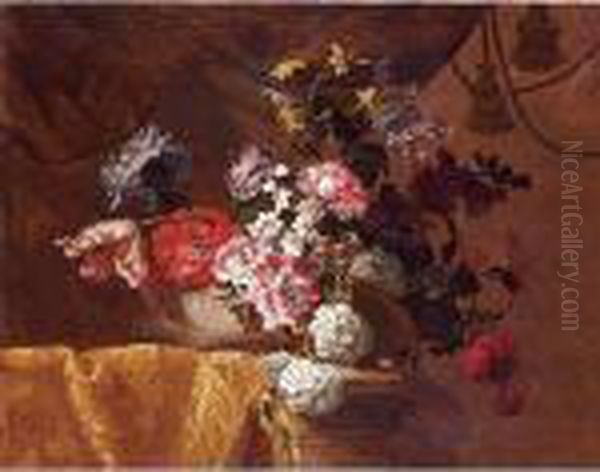 Still Life Of Hydrangeas, 
Convolvuli, Peonies And Other Flowers In An Urn On A Draped Stone Ledge Oil Painting by Jean-Baptiste Monnoyer