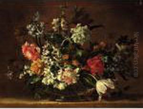 A Still Life Of Flowers In A Glass Vase On A Stone Ledge Oil Painting by Jean-Baptiste Monnoyer