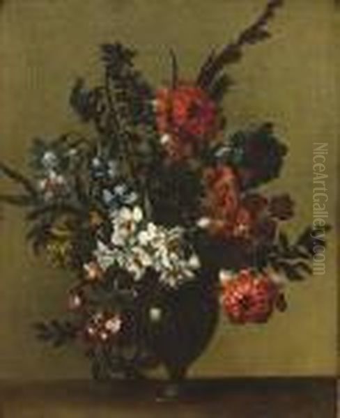 Chrysanthemums, Narcissi, Pansies And Other Flowers In A Glass Vase On A Ledge Oil Painting by Jean-Baptiste Monnoyer