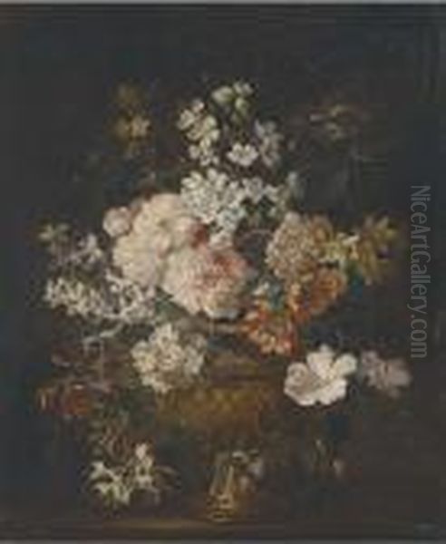 Chrysanthemums, Peonies, 
Narcissi, Honeysuckle, Hyacinth And Other Flowers In A Sculpted Urn On A
 Ledge Oil Painting by Jean-Baptiste Monnoyer