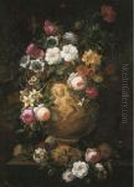 Roses, Poppies And Other Flowers In A Sculpted Vase On Apedestal Oil Painting by Jean-Baptiste Monnoyer