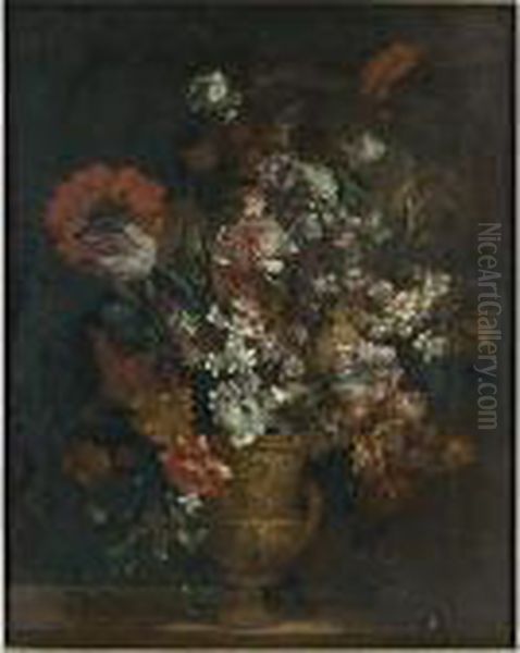 A Still Life With Tulips, 
Carnations, Poppy Anemones, Hyacinths, And Other Flowers In A Copper 
Vase On A Ledge Oil Painting by Jean-Baptiste Monnoyer