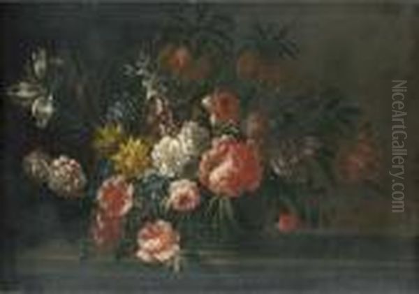 Roses, Carnations, Tulips And Other Flowers In A Basket On A Stone Ledge Oil Painting by Jean-Baptiste Monnoyer