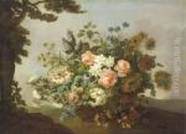 Roses, Carnations, Sunflowers, 
Honeysuckle And Other Flowers In A Basket By A Tree In A Hilly Landscape Oil Painting by Jean-Baptiste Monnoyer