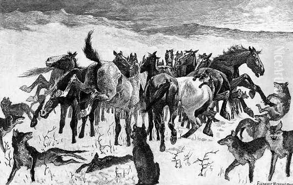 Broncos and Timber Wolves Oil Painting by Frederic Remington