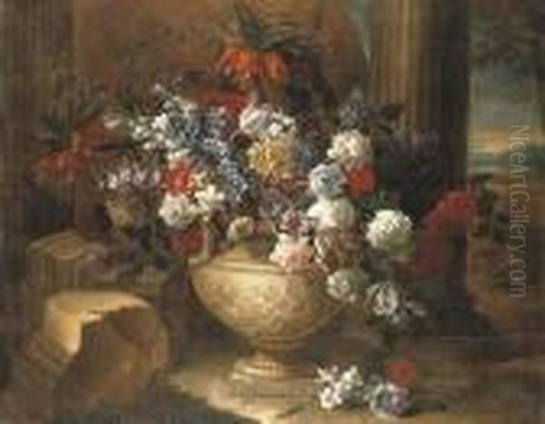 Tulips, Lilacs, Dahlias And Other Flowers In A Sculpted Vase Oil Painting by Jean-Baptiste Monnoyer