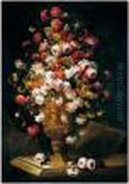 A Still Life Of Roses And Carnations In A Sculpted Urn Upon A Stone Ledge Oil Painting by Jean-Baptiste Monnoyer