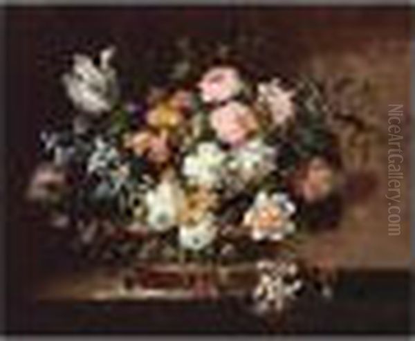 Still Life Of Tulips, Roses, 
Hyacinths And Other Flowers In A Wicker Basket Set On A Stone Table Oil Painting by Jean-Baptiste Monnoyer