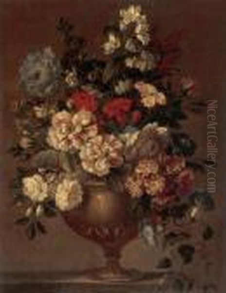 Still Life Of Zinnias, 
Carnations, Morning Glories And Other Flowers In A Bronze Vase Resting 
On A Ledge Oil Painting by Jean-Baptiste Monnoyer