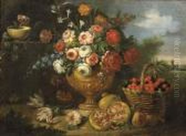 Mixed Flowers In A Vase With 
Cherries In A Basket, A Pomegranate And Flowers In A Landscape- An 
Overdoor Oil Painting by Jean-Baptiste Monnoyer