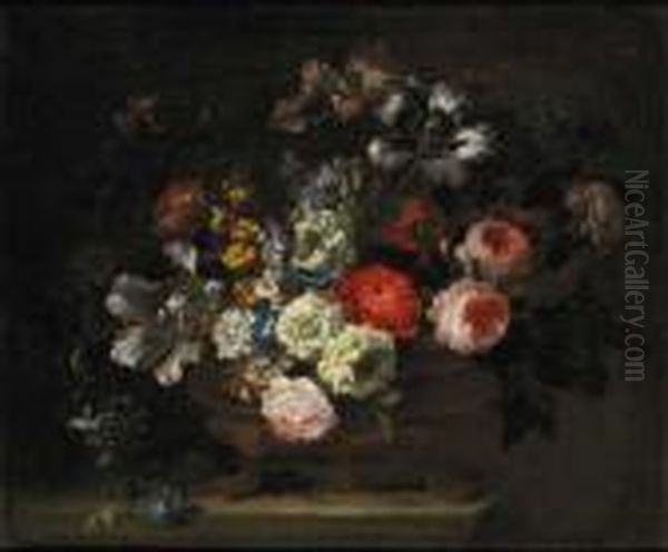 Roses, Tulips, Lilies, 
Chrysanthemums, Lilac, Gentians And Yellow Sage In An Urn On A Marble 
Ledge Oil Painting by Jean-Baptiste Monnoyer