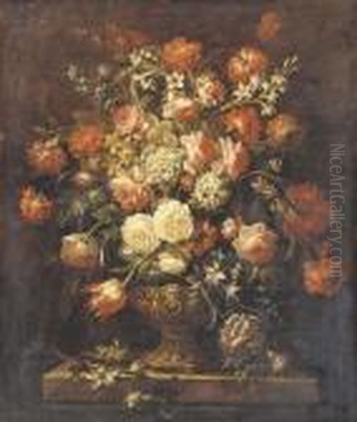 Roses, Tulips, Carnations, Forget-me-nots And Other Flowers In A Sculpted Urn On A Ledge Oil Painting by Jean-Baptiste Monnoyer