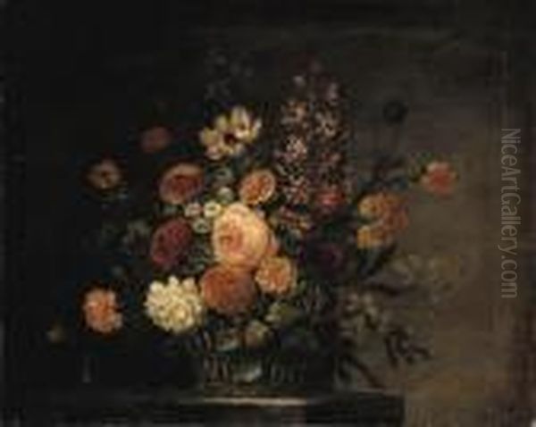 Roses, Tulips, Carnations And Other Flowers In A Basket On A Stone Ledge Oil Painting by Jean-Baptiste Monnoyer