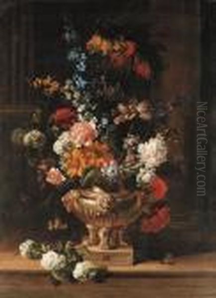 Parrot Tulips, Chrysanthemum, 
Hydrangea, Honeysuckle, Borage,paeonies, Crown Imperial Fritillaries And
 Other Flowers In Asculpted Urn On A Ledge, A Column Beyond; And A 
Canterbury Bell,parrot Tulips, Lilac, Ivy Sprays, A Paeony And Other 
Flowers I Oil Painting by Jean-Baptiste Monnoyer