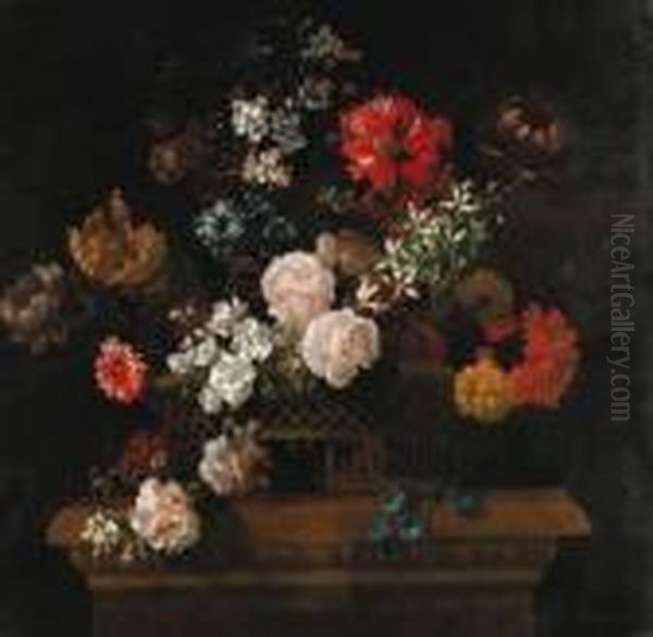 Roses, Convolvulus, Spider 
Lilies, Parrot Tulips, A Paeony Andother Flowers In A Basket On A 
Pedestal Oil Painting by Jean-Baptiste Monnoyer