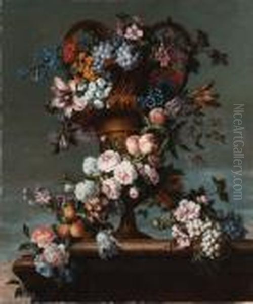 Grapes, Peaches, Plums, Roses, 
Hyacinth, Hydrangea And Otherflowers Entwined Around A Bronze Vase Oil Painting by Jean-Baptiste Monnoyer