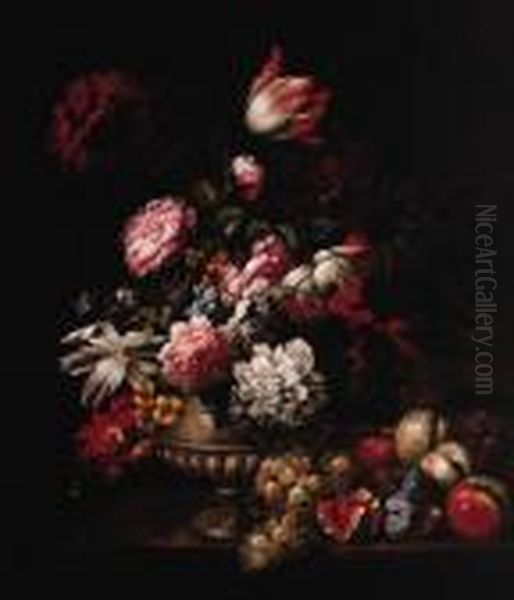 Tulips, Roses, Poppies And Other Flowers In A Vase With Fruit On Aledge Oil Painting by Jean-Baptiste Monnoyer