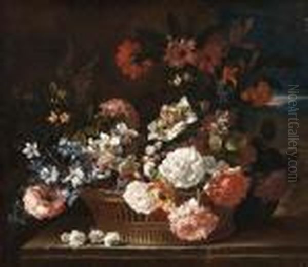 Roses, Narcissi, A Hyacinth, 
Primulae, Jasmine, Carnations Andother Flowers In A Wicker Basket On A 
Stone Ledge, A Landscapebeyond Oil Painting by Jean-Baptiste Monnoyer