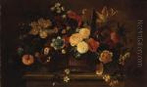 Roses, Tulips, Carnations, Morning Glory And Other Flowers In Abasket On A Ledge Oil Painting by Jean-Baptiste Monnoyer