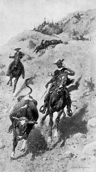 Heading a Steer on the Foothills Oil Painting by Frederic Remington