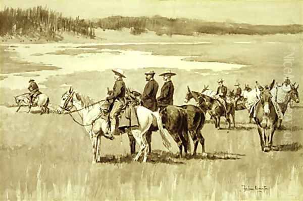 Burgess Finding a Ford (illustration from Frederic Remington's Pony Tracks 1895) Oil Painting by Frederic Remington