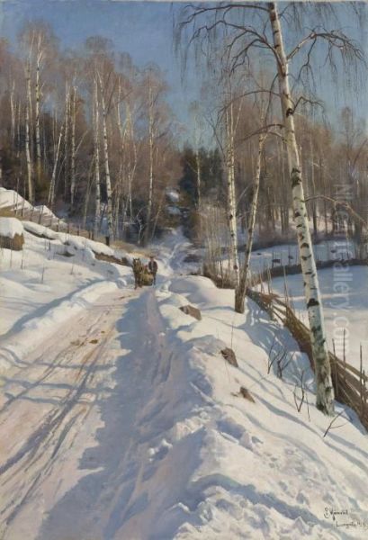 Sleigh Ride On A Sunny Winter Day Oil Painting by Peder Mork Monsted