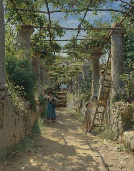 In The Shadow Of An Italian Pergola Oil Painting by Peder Mork Monsted