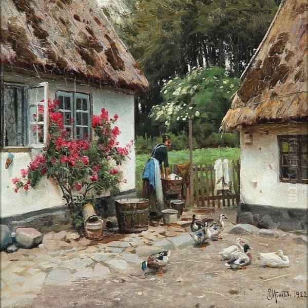 Summer Idyll By A Thatched Farmhouse With A Woman Who Washes Clothes Oil Painting by Peder Mork Monsted