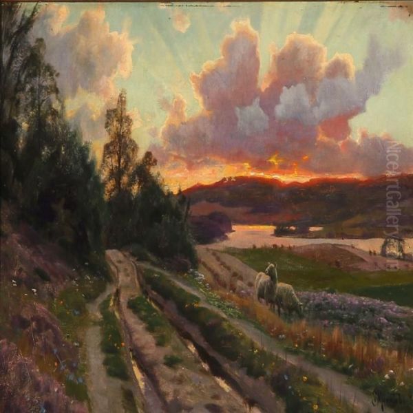 Sunset At Virklund, Jutland Oil Painting by Peder Mork Monsted