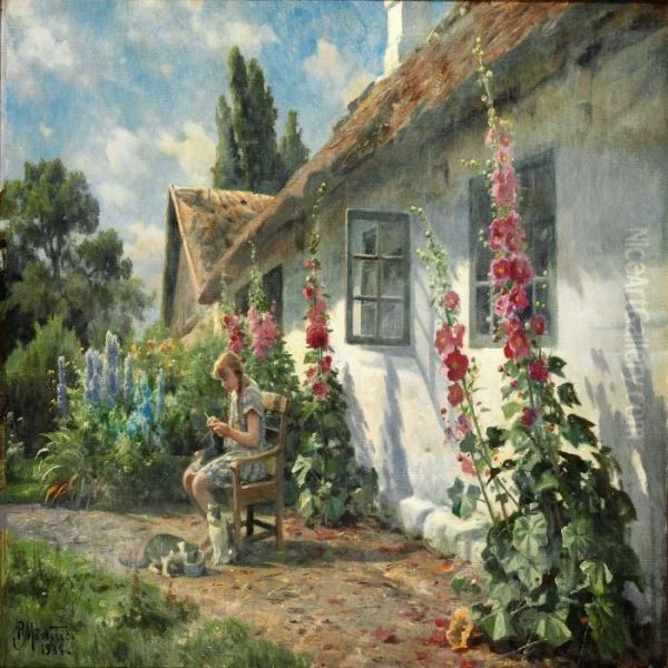 Summer Day In The Garden With A Girl Knitting Oil Painting by Peder Mork Monsted