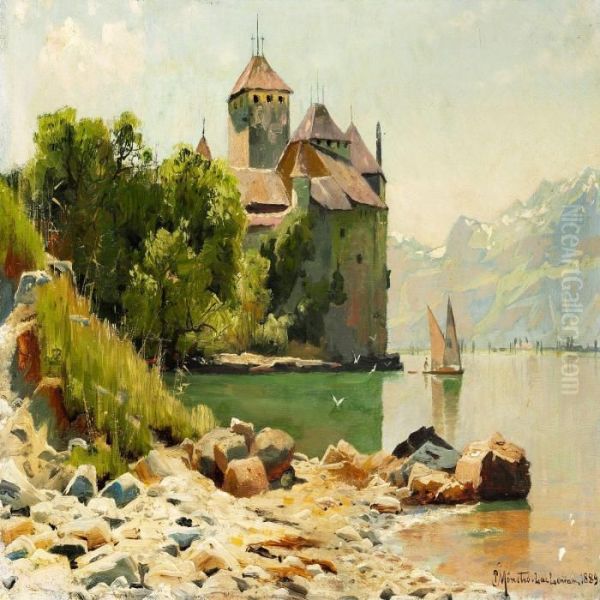 View Of Lake Geneva With Chillon Castle Oil Painting by Peder Mork Monsted