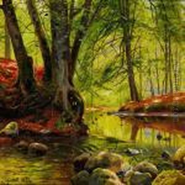 Stream In The Woods, Springtime Oil Painting by Peder Mork Monsted