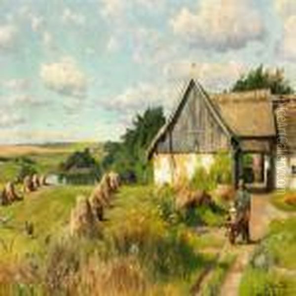 A Farmer With A Milk Can In A Wheelbarrow Outside A Thatched House Oil Painting by Peder Mork Monsted