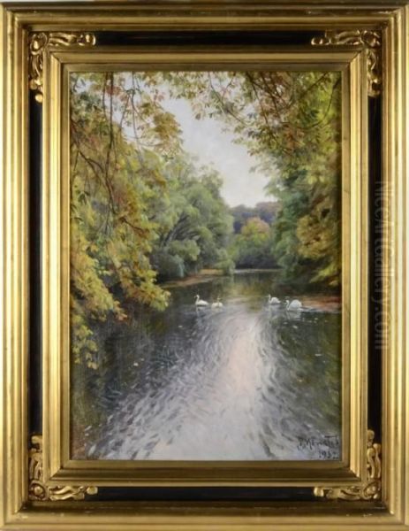 Vattendrag Ned Svanar Oil Painting by Peder Mork Monsted