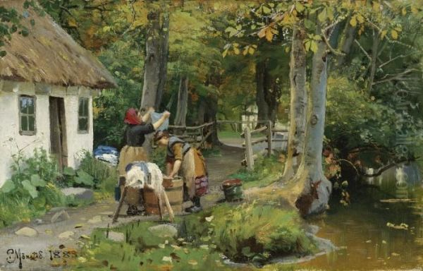 Washing Day Oil Painting by Peder Mork Monsted