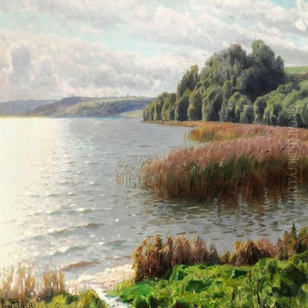 View Of A Lake With Reflections Of The Sun In The Water Oil Painting by Peder Mork Monsted