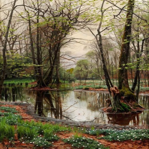 Spring Day In The Forest With Beeches And Anemones In Bloom Near A Stream Oil Painting by Peder Mork Monsted