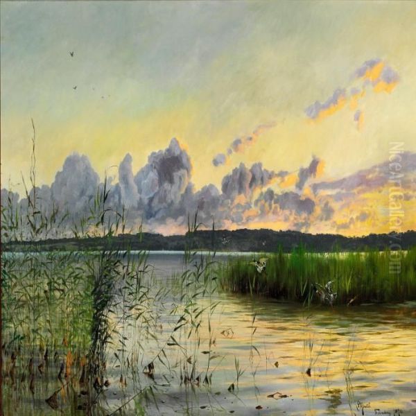 Late Afternoon At Esrum Lake Near Fredensborg Oil Painting by Peder Mork Monsted