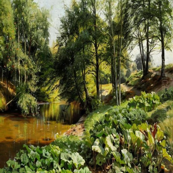 Sunny May Day With A Stream And Docks In The Foreground Oil Painting by Peder Mork Monsted