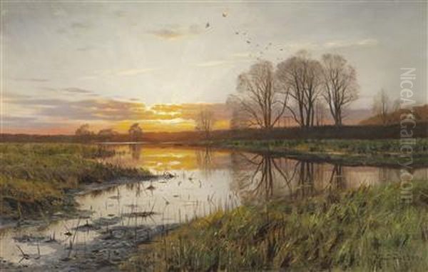 Sunset Over River Scenery Oil Painting by Peder Mork Monsted