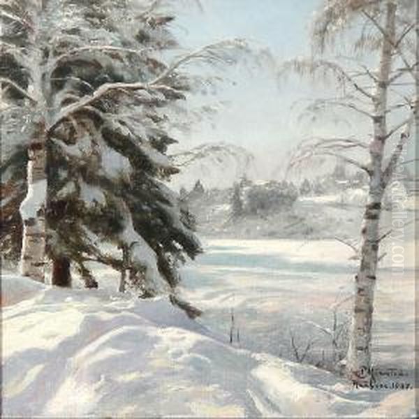 Winter Scene From Raufoss, Norway Oil Painting by Peder Mork Monsted