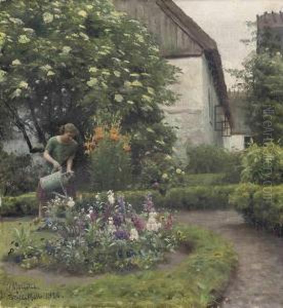 Monsted Watering The Garden Oil Painting by Peder Mork Monsted