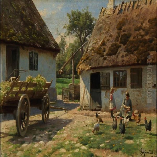 Feeding The Chickens Oil Painting by Peder Mork Monsted