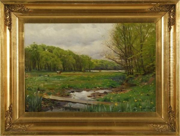 A Winding Stream In A Flowering Meadow Oil Painting by Peder Mork Monsted