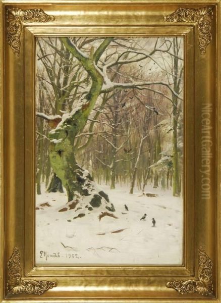 Forest Landscape In Winter Oil Painting by Peder Mork Monsted