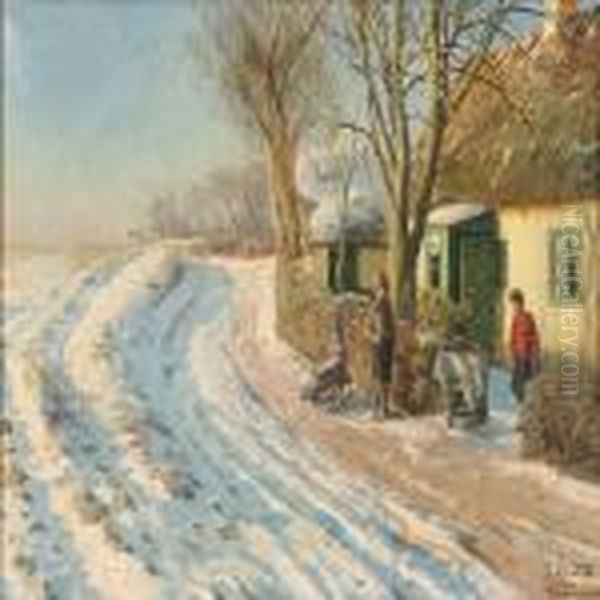 Sunny Winter Day In Harrestrup With Children On Their Way Out To Sledding, Denmark Oil Painting by Peder Mork Monsted