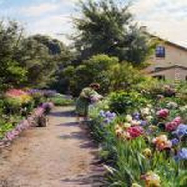 Blomstrende Stauder - Posthushaven I Tranebjerg Oil Painting by Peder Mork Monsted