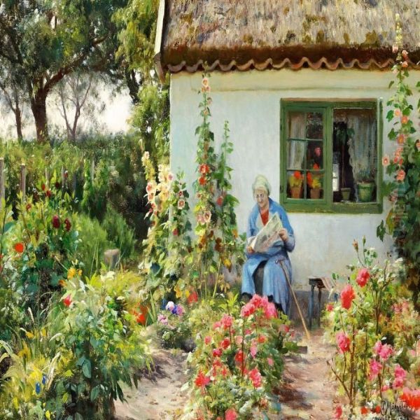 Reading The Newspaper Oil Painting by Peder Mork Monsted